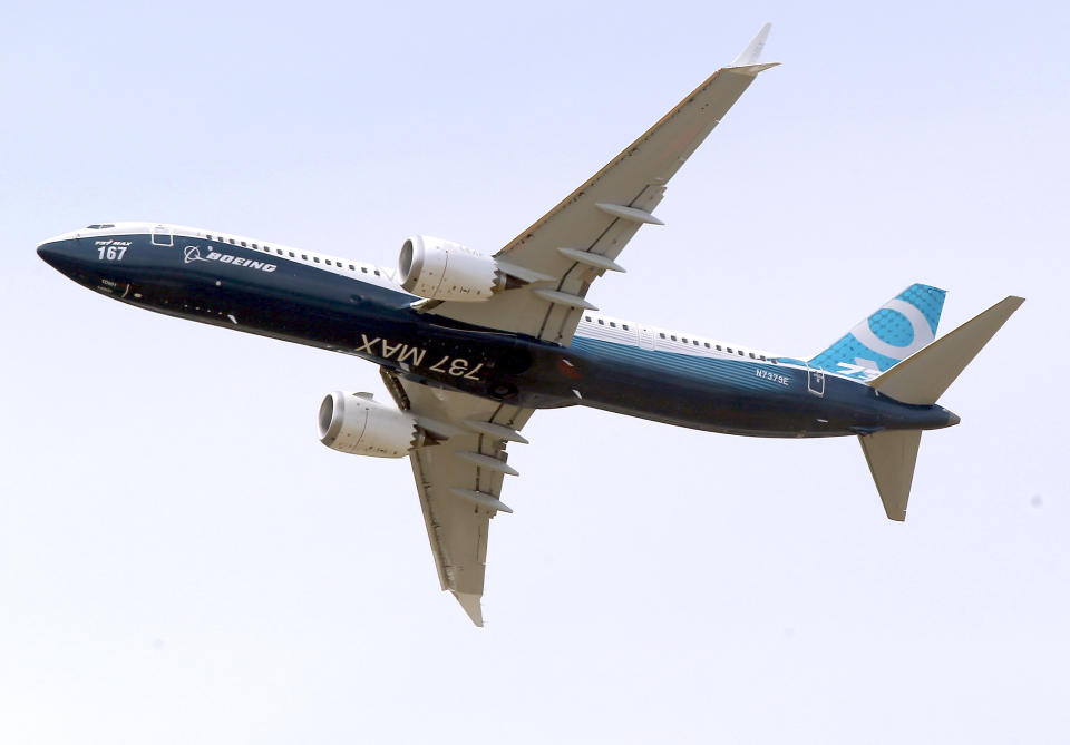 FILE - A Boeing 737 MAX 9 airplane performs a demonstration flight at the Paris Air Show in Le Bourget, east of Paris, France, June 20, 2017. A federal judge has ordered Boeing Co. to be arraigned on a felony charge stemming from crashes of two 737 Max jets, a ruling that threatens to unravel an agreement Boeing negotiated to avoid prosecution. (AP Photo/Michel Euler, File)