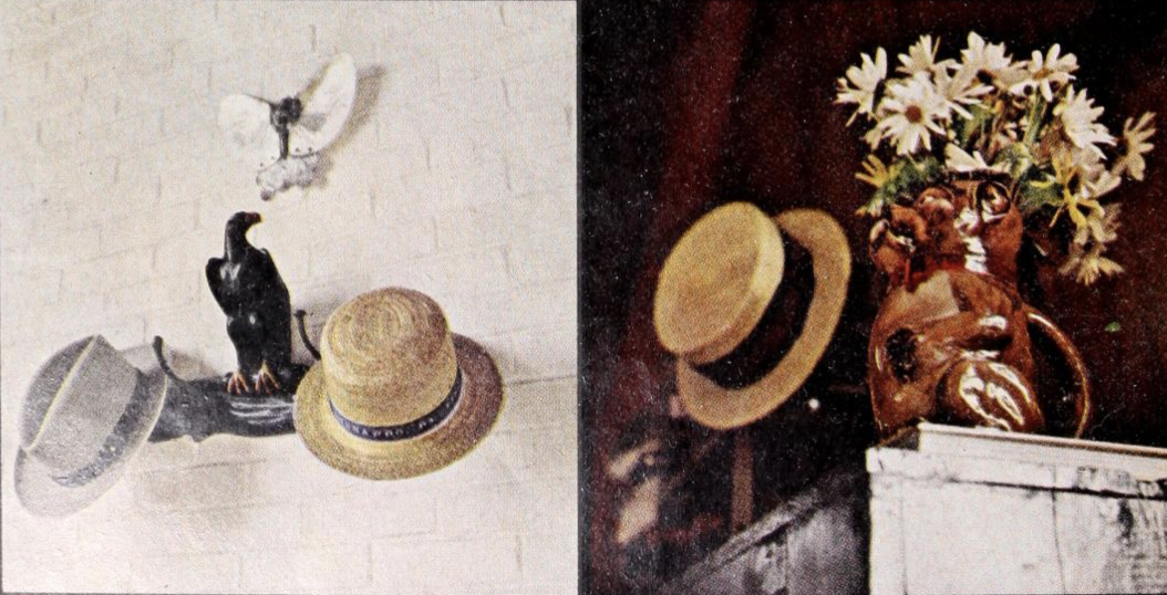 a couple of hats and a vase of flowers on a shelf