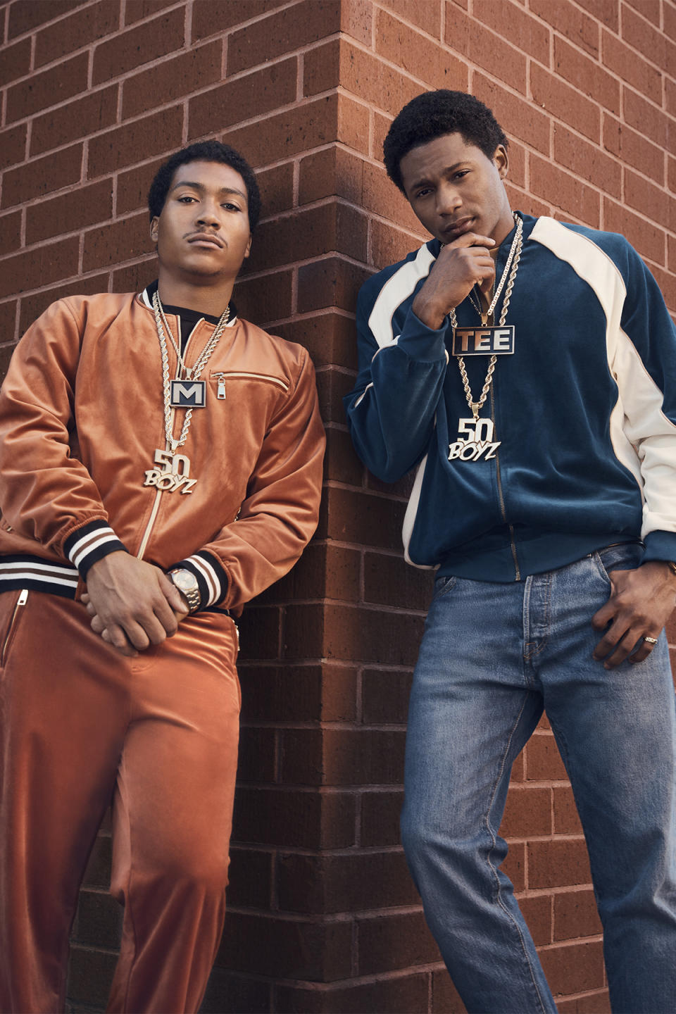 This image released by Starz shows Demetrius “Lil Meech” Flenory Jr., left and Da'Vinchi from the series "BMF" (Black Mafia Family), premiering Sunday on Starz. (Gari Askew/Starz via AP)