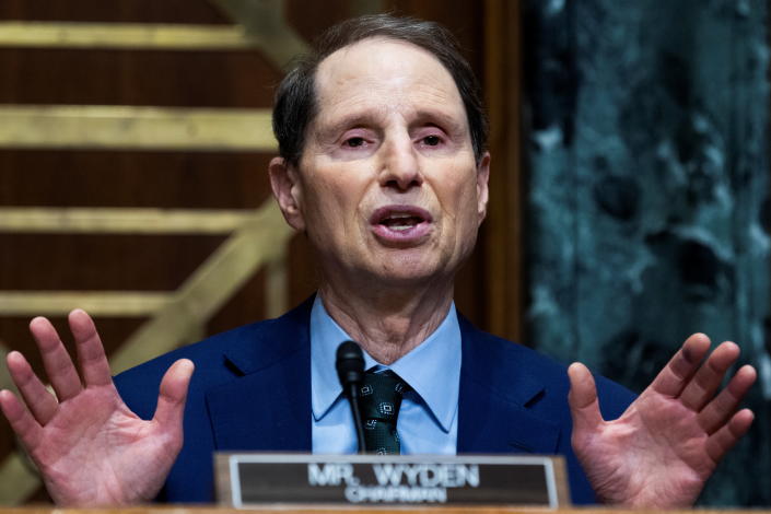 U.S. Senate Finance Committee Chairman Ron Wyden (D-OR) questions Charles P. Rettig, commissioner of the Internal Revenue Service, during the Senate Finance Committee hearing titled The IRS Fiscal Year 2022 Budget, in Dirksen Senate Office Building in Washington, D.C., U.S., June 8, 2021. Tom Williams/Pool via REUTERS