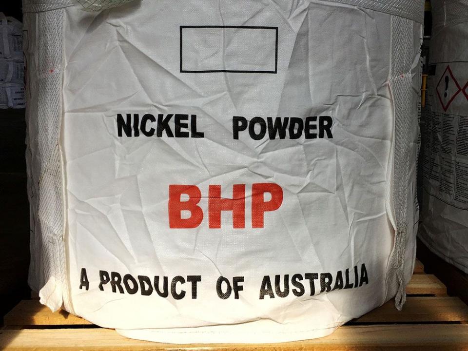  A tonne of nickel powder made by BHP Group sits in a warehouse at its Nickel West division, south of Perth, Australia.