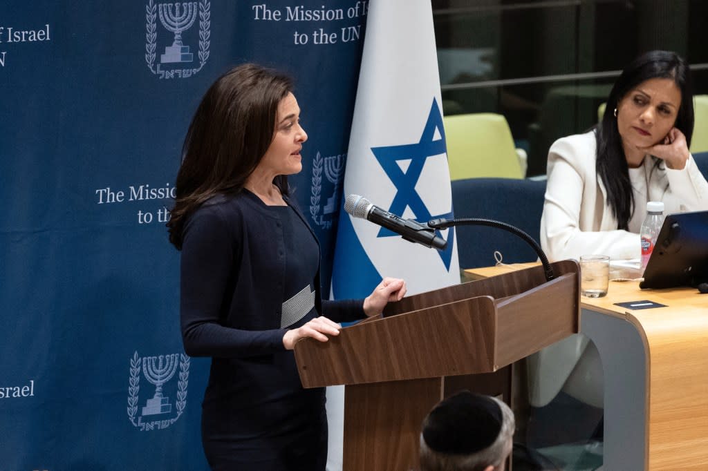 Sheryl Sandberg speaks during special event to address sexual violence during Hamas terror attack on October 7 held at UN Headquarters in New York on December 4, 2023. During the event, speakers described their personal experience seeing women violated during terror attack and condemned women's advocacy groups, specifically UN Women, to be silent on this. (Photo by Lev Radin/Sipa USA)(Sipa via AP Images)