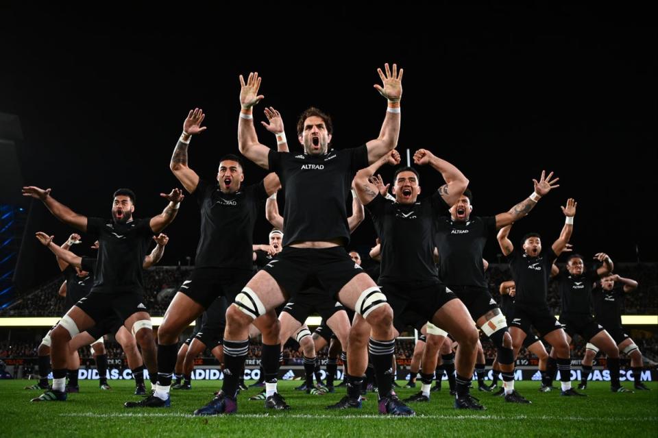 Sam Whitelock of the All Blacks leads the Haka. (Getty Images)