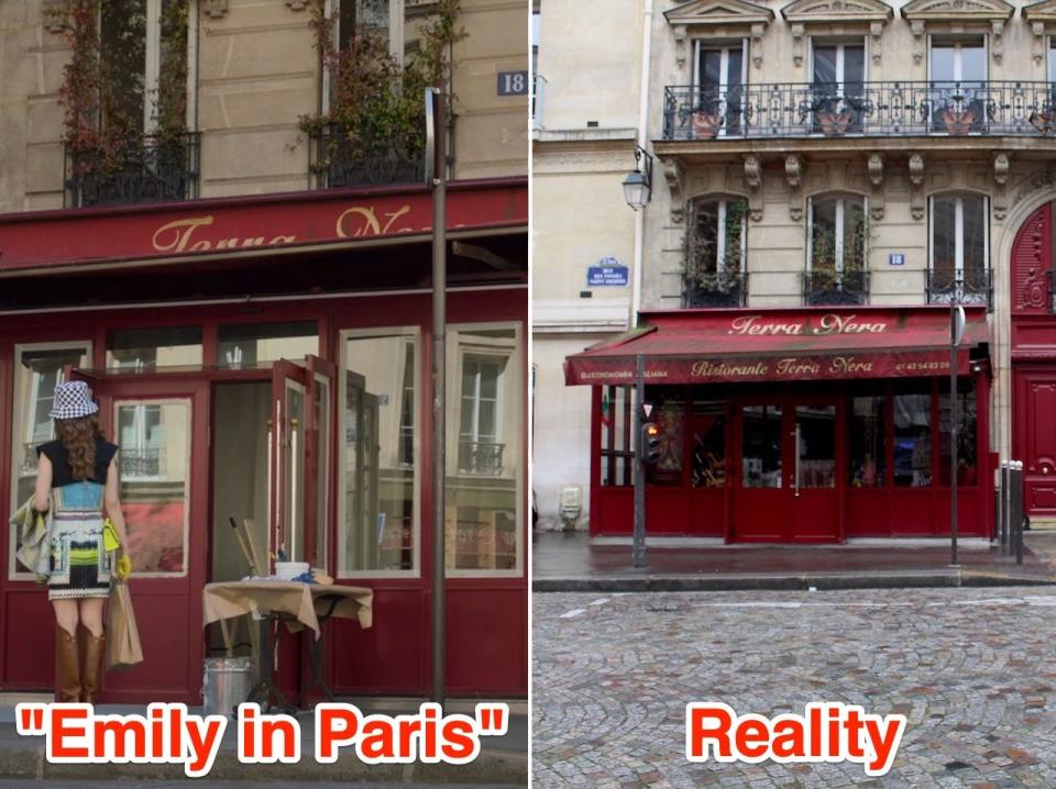 Gabriel's restaurant in "Emily in Paris" (L) and in reality (R).