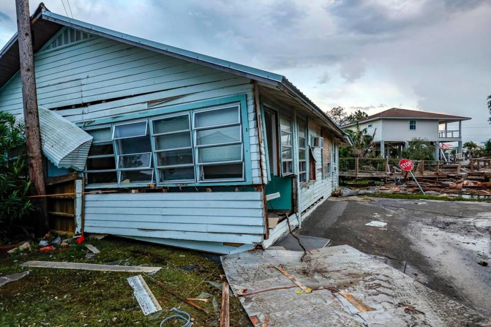 This home blocked a roadway after it floated into the street when several feet of storm surge from Hurricane Idalia inundated Horseshoe Beach, Florida on Wednesday, August 30, 2023. Al Diaz/adiaz@miamiherald.com