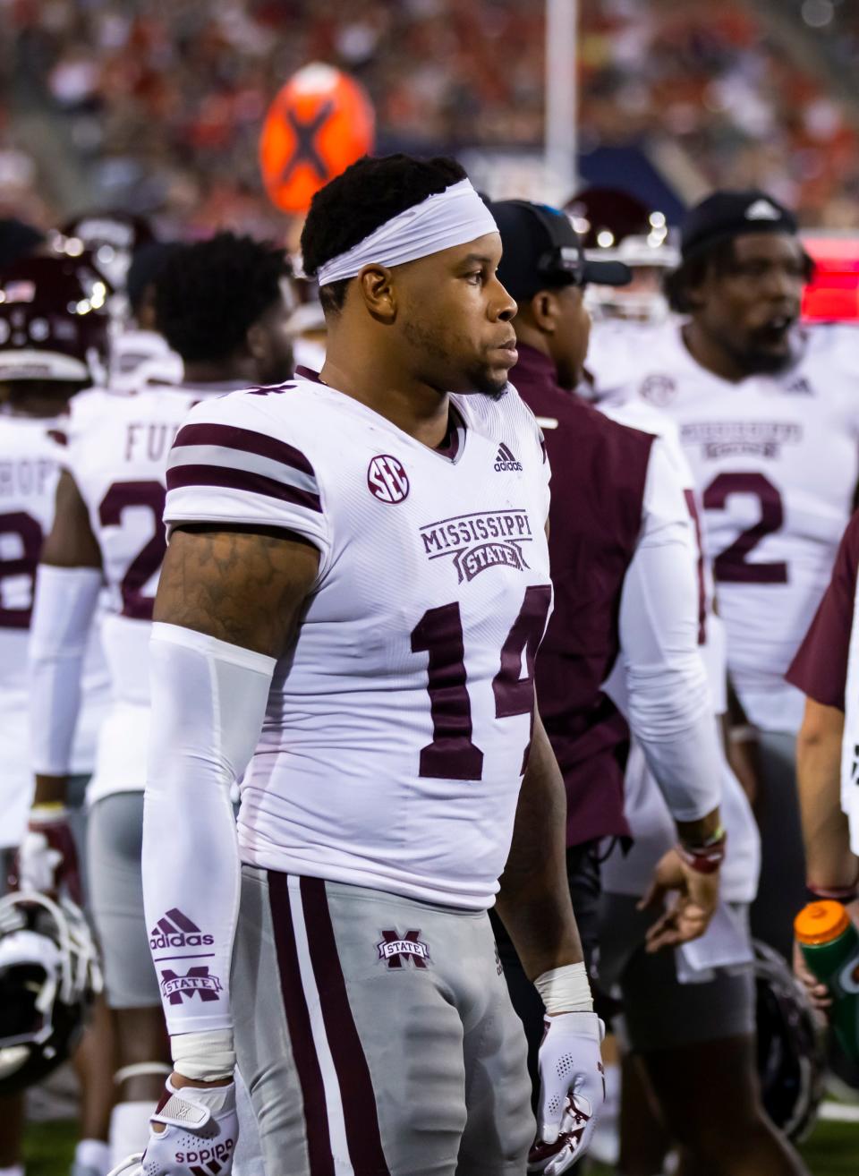 Mississippi State linebacker Nathaniel Watson (14) watches the action Sept. 10, 2022, against Arizona in Tucson, Arizona.