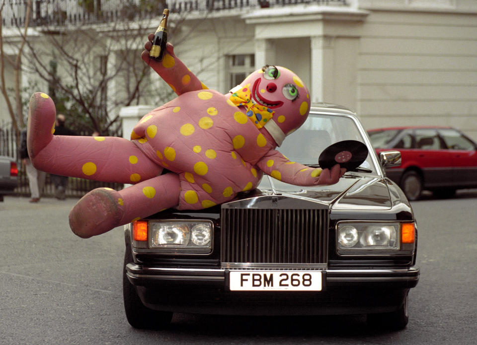 Mr Blobby, the character who shot to fame on Noel Edmonds' House Party on BBC Television, celebrates in London, after hearing that he may topple Meat Loaf off the No. 1 spot, when the Top 40 singles chart is released.