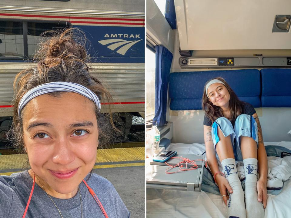 Left: The author takes a selfie in front of an Amtrak. Right: the author sits on the bed in the sleeper car