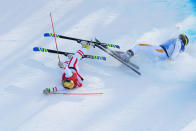 <p>Christoph Wahrestoetter of Austria, Erik Mobaerg of Sweden crash in the Freestyle Skiing Men’s Ski Cross 1/8 finals on day 12 of the PyeongChang 2018 Winter Olympic Games at Phoenix Snow Park on February 21, 2018 in Pyeongchang-gun, South Korea. (Photo by Quinn Rooney/Getty Images) </p>