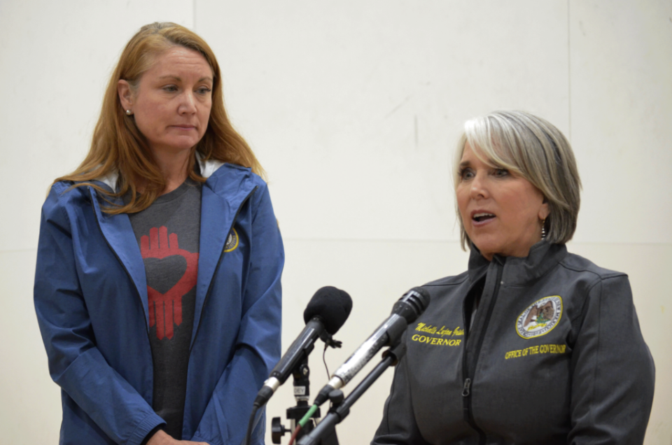 Gov. Michelle Lujan Grisham, right, and U.S. Rep. Melanie Stansbury, D, N.M., provide updates on the South Fork and Salt fires to media at the New Mexico Military Institute in Roswell Wednesday.