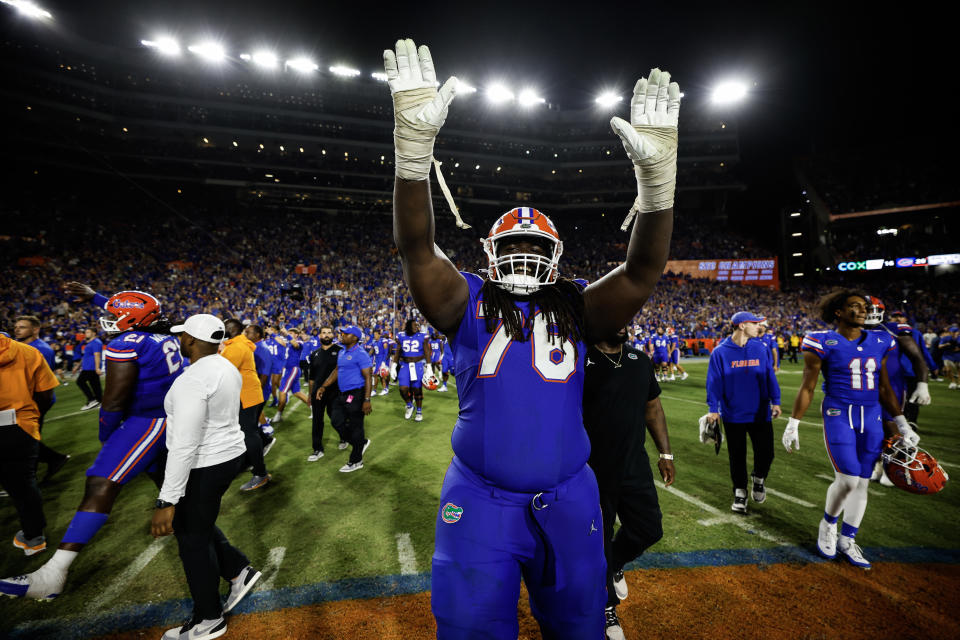 GAINESVILLE, FLORIDA - SEPTEMBER 16: Damieon George Jr. #76 of the Florida Gators celebrates after a game against the Tennessee Volunteers at Ben Hill Griffin Stadium on September 16, 2023 in Gainesville, Florida. (Photo by James Gilbert/Getty Images)