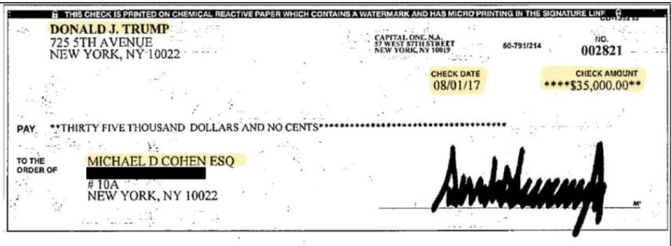 Trump's personal check for $35,000, paid to his then-lawyer Michael Cohen and key evidence in a "hush money" scheme under investigation by Manhattan prosecutors.