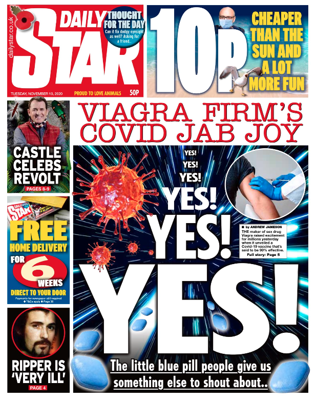 The Daily Star's front page gave the vaccine news an enthusiastic welcome.