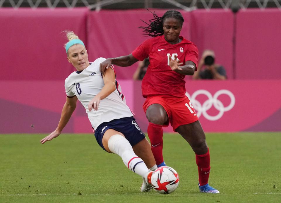 Aug 2, 2021; Ibaraki, Japan; Team United States midfielder Julie Ertz (8) battles for the ball with Team Canada forward Nichelle Prince (15) during the first half in a women's semifinal during the Tokyo 2020 Olympic Summer Games at Ibaraki Kashima Stadium. Mandatory Credit: Jack Gruber-USA TODAY Sports