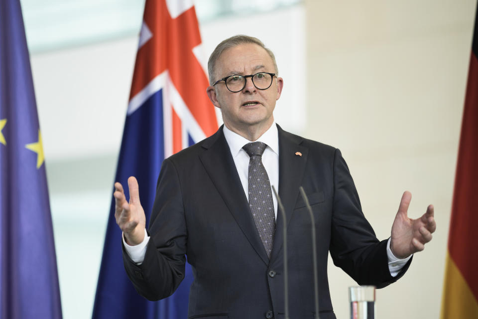 Australian Prime Minister Anthony Albanese briefs the media during a joint news conference with German Chancellor Olaf Scholz after a meeting at the chancellery in Berlin, Germany, Monday, July 10, 2023. (AP Photo/Markus Schreiber)