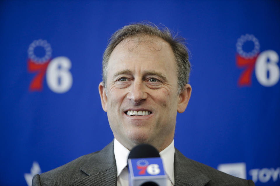 FILE - Philadelphia 76ers owner Josh Harris speaks with members of the media during a news conference at the NBA basketball team's practice facility in Camden, N.J., Tuesday, May 14, 2019. A group led by Josh Harris and Mitchell Rales that includes Magic Johnson has an agreement in principle to buy the NFL's Washington Commanders from longtime owner Dan Snyder for a North American professional sports team record $6 billion, according to a person with knowledge of the situation. The person spoke to The Associated Press on condition of anonymity Thursday, April 13, 2023, because the deal had not been announced. (AP Photo/Matt Rourke, File)