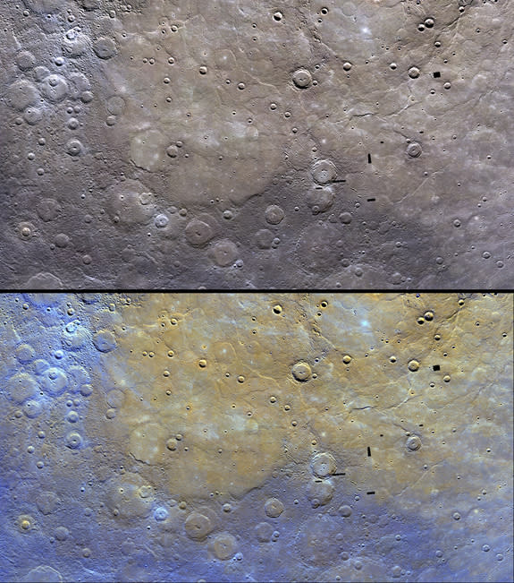 These image of Mercury by NASA's Messenger probe show the distinctive color of the planet's northern plains and their surrounding terrain. The top image is as Messenger saw the scene, with the bottom image enhanced to bring out features. Image