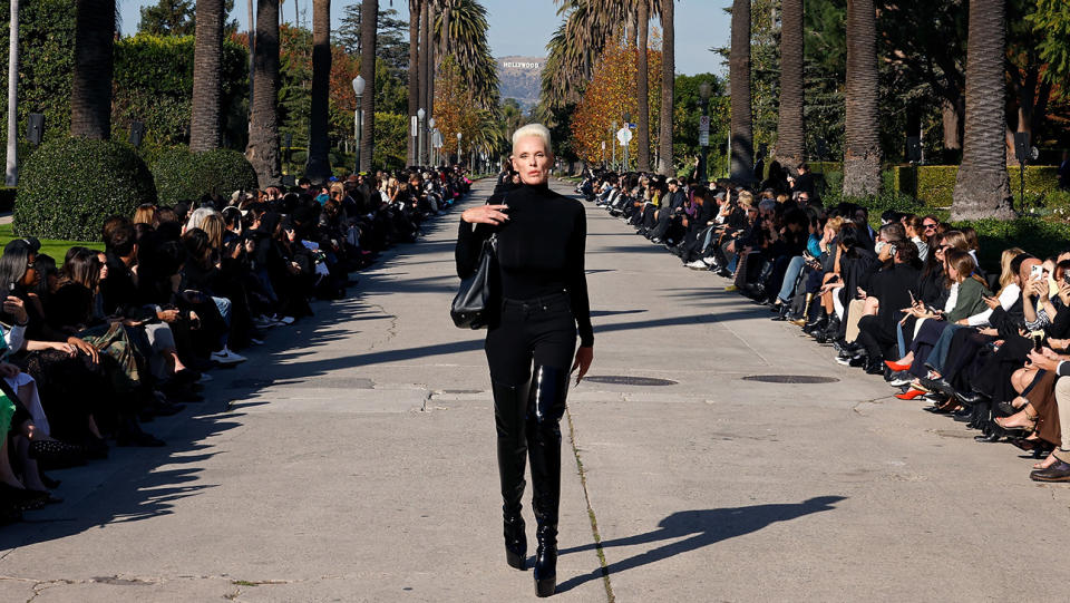 Brigitte Nielsen walks the runway down South Windsor Boulevard during the Balenciaga Fall 2024 fashion show