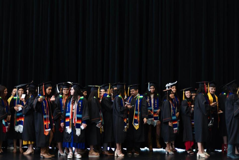 Graduates line up to head to the University of Texas at Austin Latinx Graduation ceremony on Thursday, May 9, 2024 in Austin. Early this year, organizers were told that this graduation was not going to be funded by UT. The Latinx Community Affairs took on the organization for this ceremony.