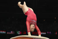 United States' Leanne Wong competes on the vault during the apparatus finals at the Artistic Gymnastics World Championships in Antwerp, Belgium, Saturday, Oct. 7, 2023. (AP Photo/Geert vanden Wijngaert)