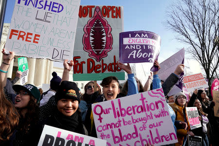 FILE PHOTO: Abortion rights advocates rally at the Supreme Court during the 46th annual March for Life in Washington, U.S., January 18, 2019. REUTERS/Joshua Roberts/File Photo