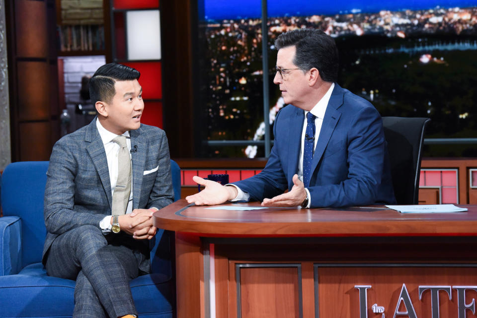 Malaysian comedian Ronnie Chieng in an interview with The Late Show host, Stephen Colbert.