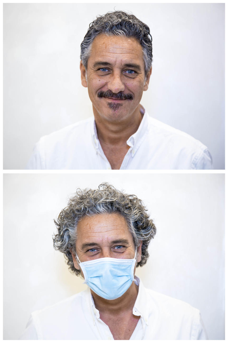 This combo of two images taken in Rome on Monday, May 25, 2020, shows Dimitri Antoniazzi before having his haircut done, bottom, and soon after it. "I've always wanted to grow my hair, this time I had an excuse for it", Antoniazzi said. Hair saloons in Italy reopened on Monday, May 18, after more than two months of lockdown imposed by the COVID-19 pandemics. (AP Photo/Domenico Stinellis)