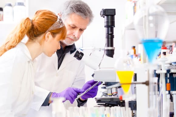 Female and male scientists in lab