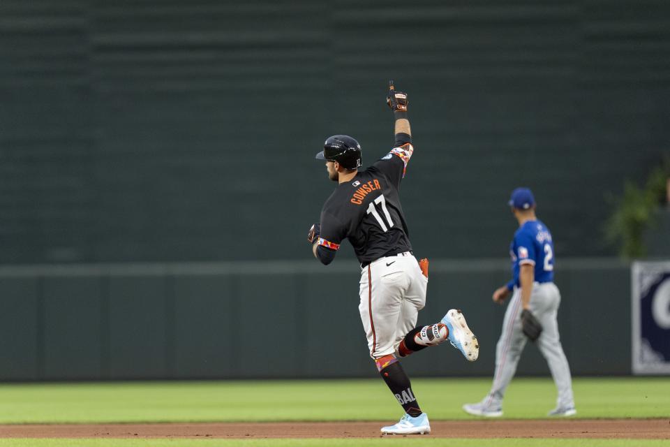 Baltimore Orioles' Colton Cowser (17) runs the bases on a home run against the Texas Rangers during the fourth inning of a baseball game Friday, June 28, 2024, in Baltimore. (AP Photo/Stephanie Scarbrough)