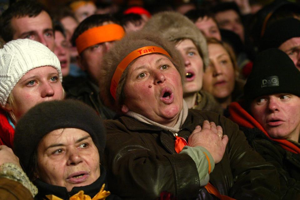 Supporters of Ukrainian opposition leader Viktor Yushchenko sing the Ukrainian national anthem during a rally at the Independence Square in Kyiv in 2004. Ukraine's history has been punctuated by tragedy and political submission: from a 1932-33 famine, provoked by Soviet dictator Josef Stalin in order to strengthen his control at the cost of millions of lives, to the 1986 explosion at Chernobyl nuclear plant, the world's worst nuclear accident. Even its national anthem declares almost with a touch of surprise: "Ukraine Has Not Yet Died."