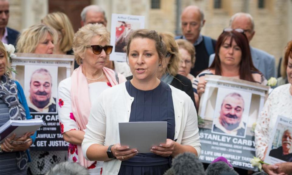 Bridget Reeves (centre) speaks to the media outside Portsmouth Cathedral after the disclosure of the Gosport Independent Panel’s report. 