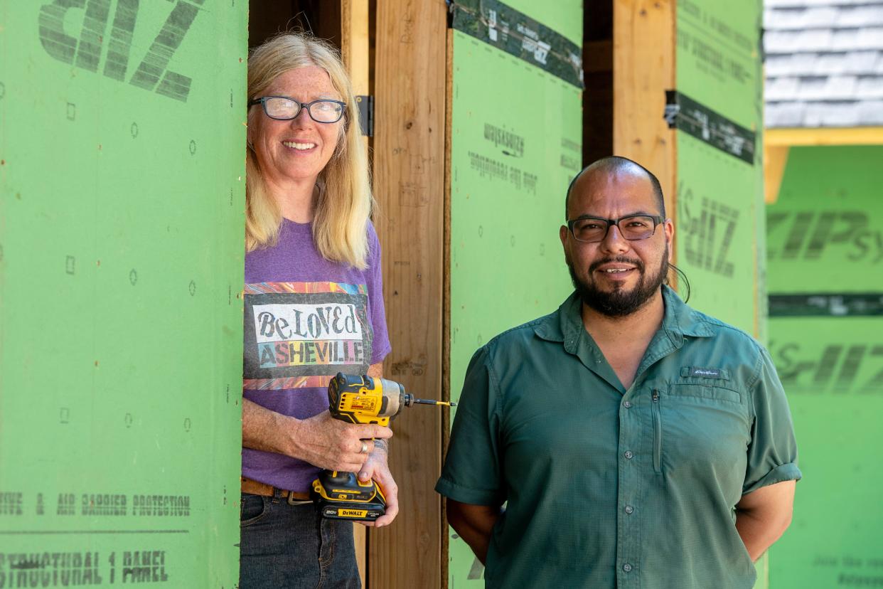 BeLoved Asheville’s co-directors, Amy Cantrell and Ponkho Bermejo at the organization’s tiny home village July 13, 2023.