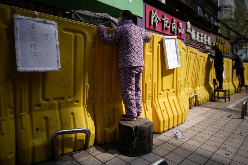 Residents pay for groceries by standing on chairs to peer over barriers set up to ring fence a wet market on a street in Wuhan