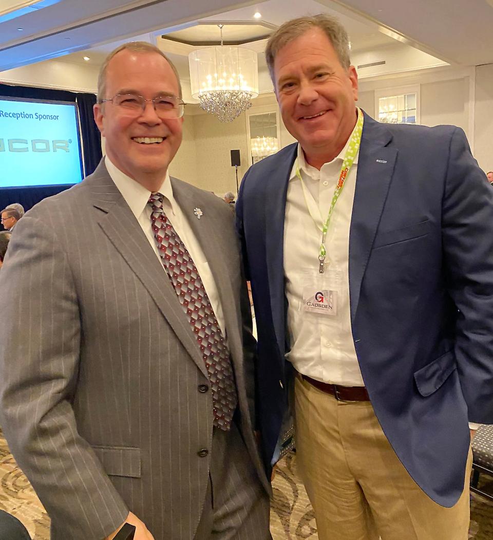 Gadsden Mayor Craig Ford, right, is pictured with Dan Stout, chief nuclear officer of Ultra Safe Nuclear Corporation, on Wednesday at the Advanced Reactors Summit and Technology Trailblazers Showcase in Charlotte, North Carolina. Stout announced at the conference that Gadsden has been chosen as the site for an advanced microreactor assembly plant.