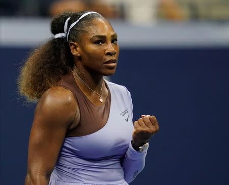 Sept 6 2018; New York, NY, USA; Serena Williams of the United States reacts after winning a game in the 1st set against Anastasija Sevastova of Latvia in a semi-final match on day eleven of the 2018 U.S. Open tennis tournament at USTA Billie Jean King National Tennis Center. Mandatory Credit: Robert Deutsch-USA TODAY Sports