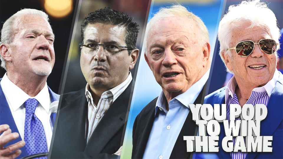 Indianapolis Colts owner Jim Irsay, Washington Commanders owner Dan Snyder, Dallas Cowboys owner Jerry Jones & New England Patriots owner Robert Kraft were key figures in some major infighting between NFL owners at league meetings this week. (Photos by Getty Images)