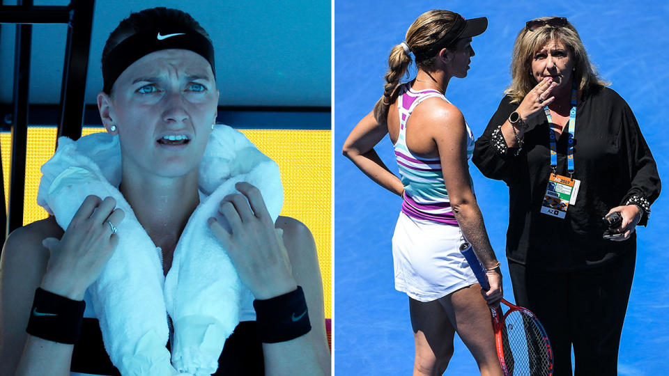 Petra Kvitova stays cool as Danielle Collins discusses the heat with an official. Pic: Getty