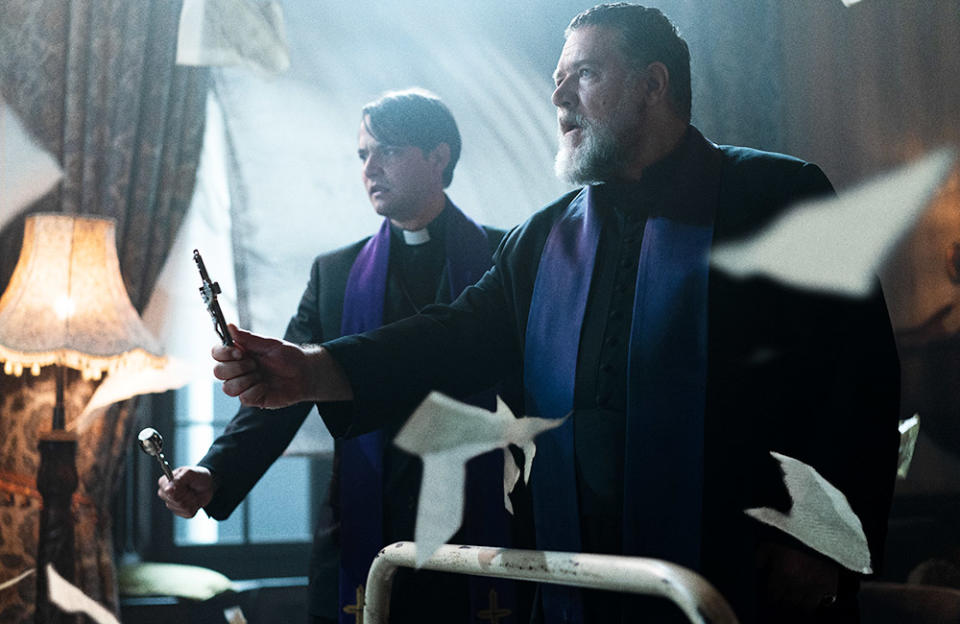 Father Esquibel (Daniel Zovatto) and Father Gabriele Amorth (Russell Crowe) in Screen Gems’ THE POPE’S EXORCIST.