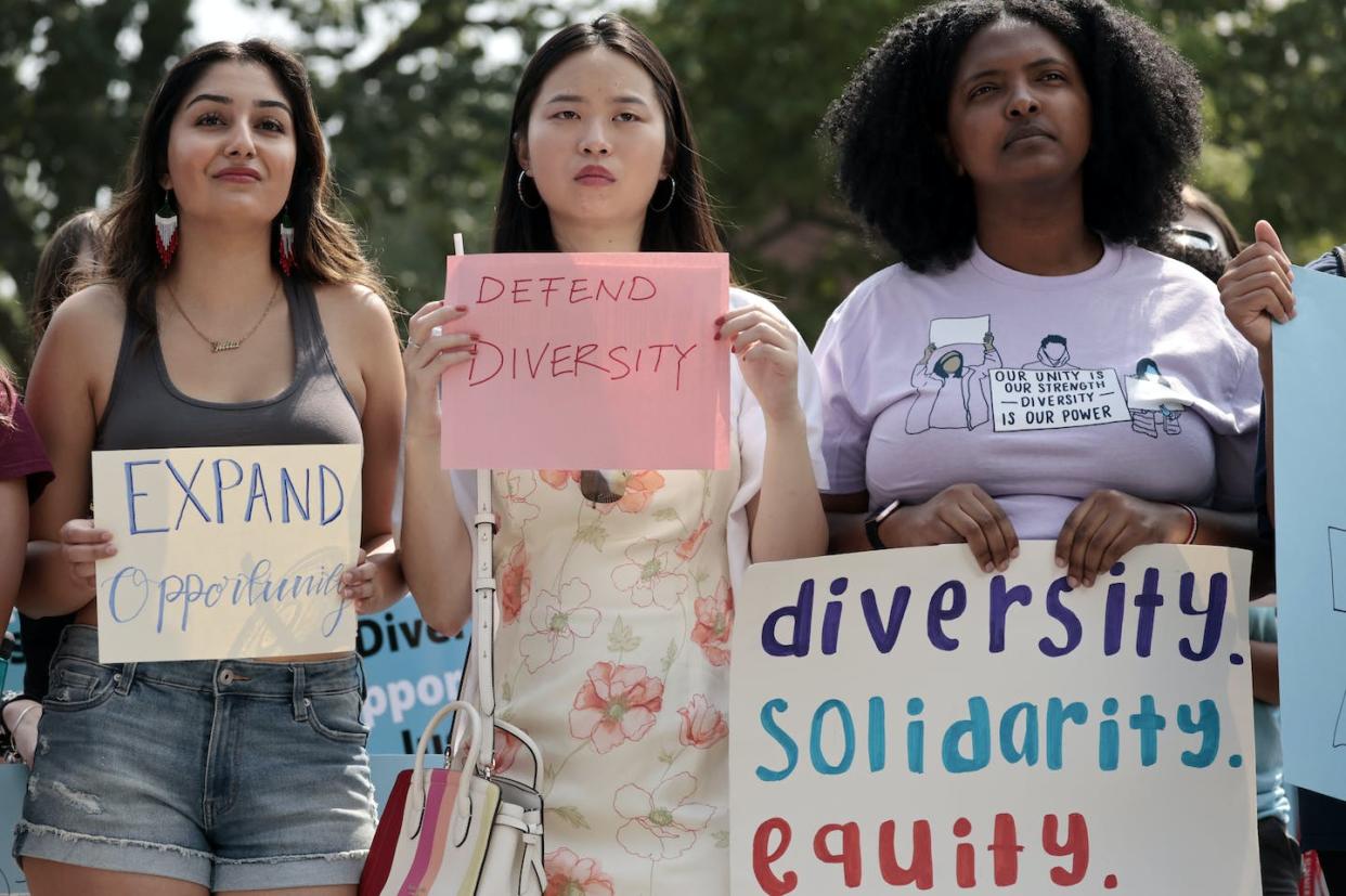 Harvard students protesting on July 1, 2023, after the Supreme Court's ruling against affirmative action. <a href="https://www.gettyimages.com/detail/news-photo/harvard-students-joined-in-a-rally-protesting-the-supreme-news-photo/1448852658?adppopup=true" rel="nofollow noopener" target="_blank" data-ylk="slk:Craig F. Walker/The Boston Globe via Getty Images;elm:context_link;itc:0;sec:content-canvas" class="link ">Craig F. Walker/The Boston Globe via Getty Images</a>