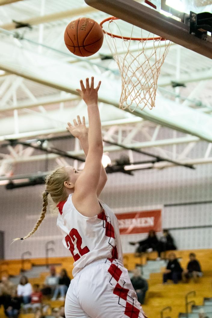 Souderton&#39;s Teya McConnaha shoots a layup on a breakaway in a PIAA 6A first round state playoff game against Easton, on Tuesday, March 8, 2022, at Souderton High School. The Red Rovers defeated Big Red 42-36 to advance to the second round.