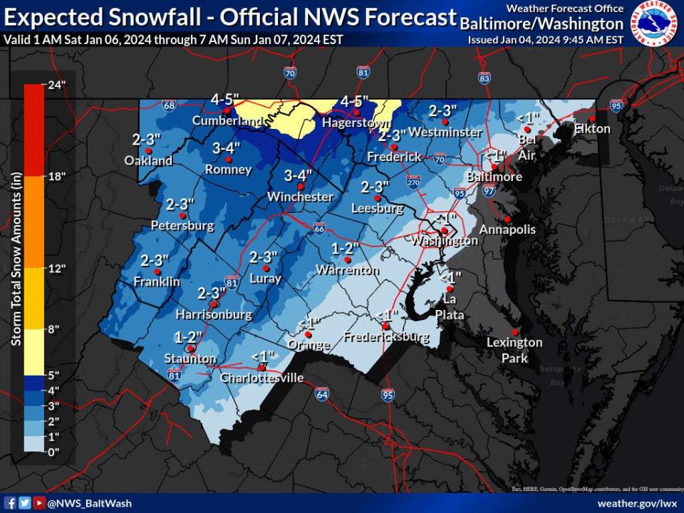 The National Weather Service's snow accumulation forecast, as of Thursday morning, for the Jan. 6-7, 2024, storm for Washington County and West Virginia's Eastern Panhandle.