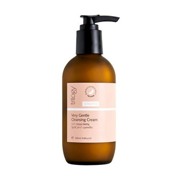 A brown pump action bottle of Trilogy Very Gentle Cleansing Cream, $35.95, against a white background.