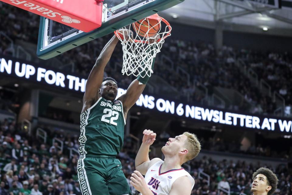 Michigan State center Mady Sissoko (22) dunks against Southern Indiana during the first half at Breslin Center in East Lansing on Thursday, Nov. 9, 2023.