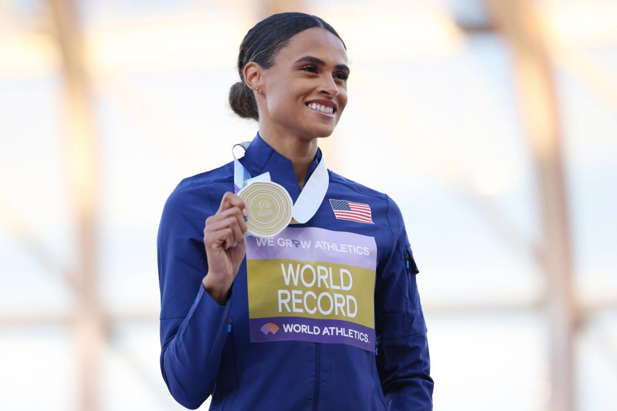 Mandatory Credit: Photo by Amanda Loman/Shutterstock (13037097ag) Gold-medallist Sydney McLaughlin, of the United States, during the medal ceremony for the women's 400 hurdles 2022 World Athletics Championships, Day Eight Hayward Field, Eugene, Oregon, USA - 22 Jul 2022