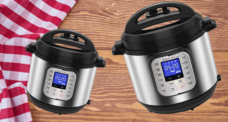 two Instant Pot multi cookers on a wooden bench