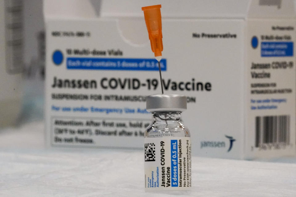 The Johnson & Johnson COVID-19 vaccine is seen at a pop up vaccination site inside the Albanian Islamic Cultural Center, Thursday, April 8, 2021, in the Staten Island borough of New York. Ahead of Ramadan, Islamic leaders are using social media, virtual town halls and face-to-face discussions to spread the word that it’s acceptable for Muslims to be vaccinated during daily fasting that happens during the holy month. (AP Photo/Mary Altaffer)