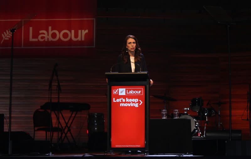Prime Minister Jacinda Ardern addresses her supporters at a Labour Party event in Wellington