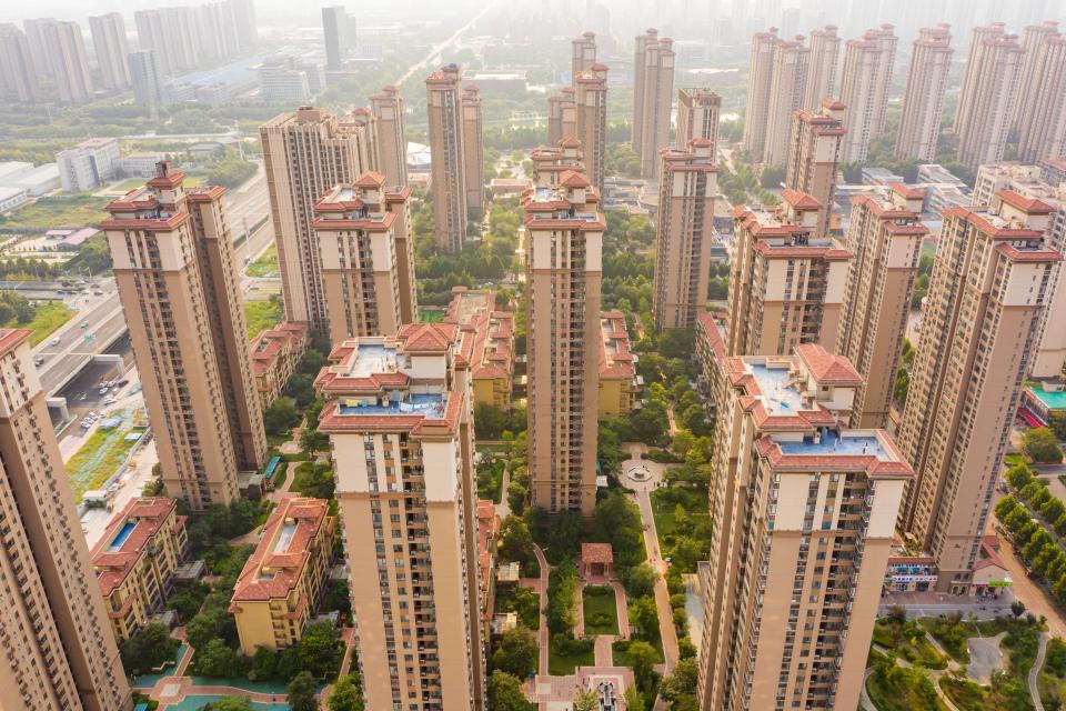 This aerial photograph taken on August 30, 2023 shows a residential complex built by Chinese real estate developer Vanke in Zhengzhou, in China's central Henan province. (Photo by AFP) (Photo by -/AFP via Getty Images)