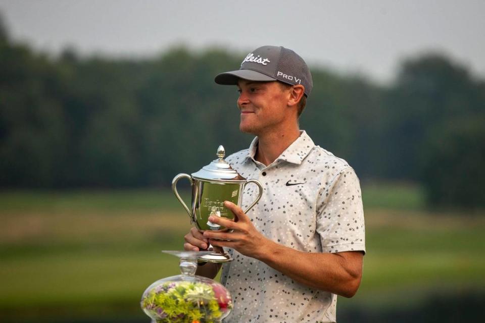 Vincent Norrman reacts after winning the Barbasol Championship at Champions at Keene Trace golf course in Nicholasville, Ky., on Sunday, July 16, 2023.