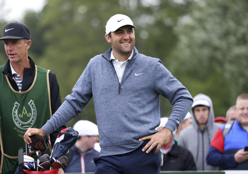 World number one golfer Scottie Scheffler waits to play his tee shot on the 2nd hole during the JP McManus Pro-Am at Adare Manor, Ireland, Tuesday, July, 5, 2022. (AP Photo/Peter Morrison)